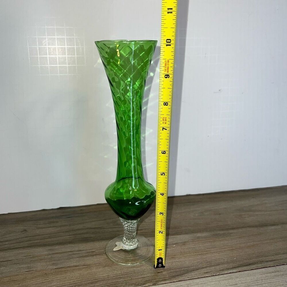 Enesco Green Colored MCM Vintage Glass Bud Vase Footed Stem 8" Tall Twist Stem - Picture 2 of 6